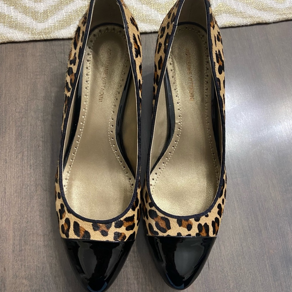 Adrienne Vittadini Leopard Print Wedges with black patent size 9